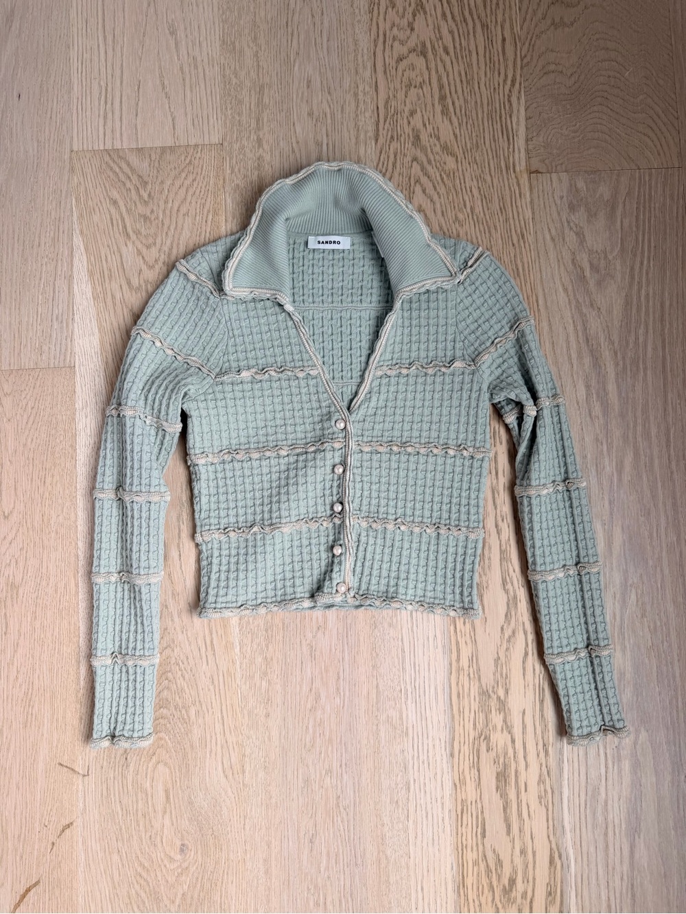 Sandro Mint Green Pearl Button Knit Cardigan